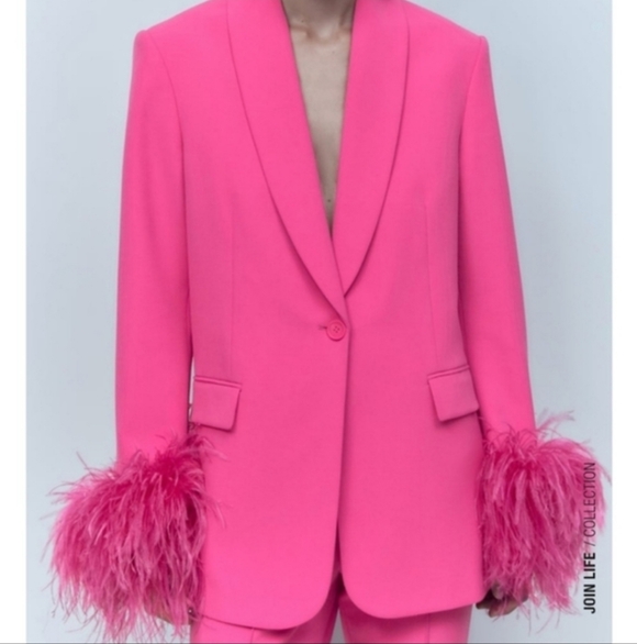 Zara Pink Feather Cuff Blazer Size S - Picture 13 of 14